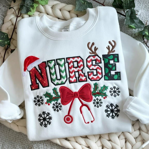 EMBROIDERED Christmas ICU Nurse Sweatshirt, Festive Nurse Sweater, Merry Nurse Crewneck, Registered Nurse Holiday Shirt
