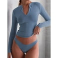 thumbnail image 3 of Quarter Zip V Neck Long Sleeve Cropped Top Going Out Tops for Womens Fall Fashion 2025 Gray Blue M, 3 of 6