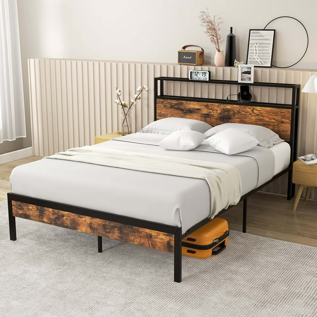 Costway Full Bed Frame with Storage Headboard Charging Station 18W USB C Port Rustic Brown