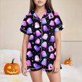thumbnail image 2 of zuwimk Halloween Short Sleeve Pajamas Set For Kids Girls Bat Print Collared Tops And Shorts Pjs Set Loose Fit Casual Kids Halloween 2 Pces(Purple,4-5 Years), 2 of 6