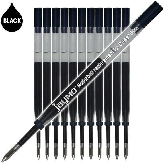 Jaymo Replacement for Cross Slim 8910-1 - Measures 4 in / 102 mm Long - Gel Rolling Ball Pen Refill - 12 Black