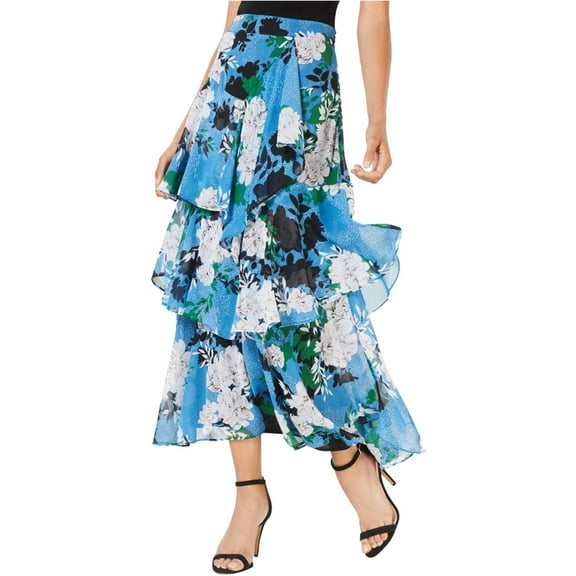 I-N-C Womens Ruffled Tiered Floral Maxi Skirt, Blue, 6