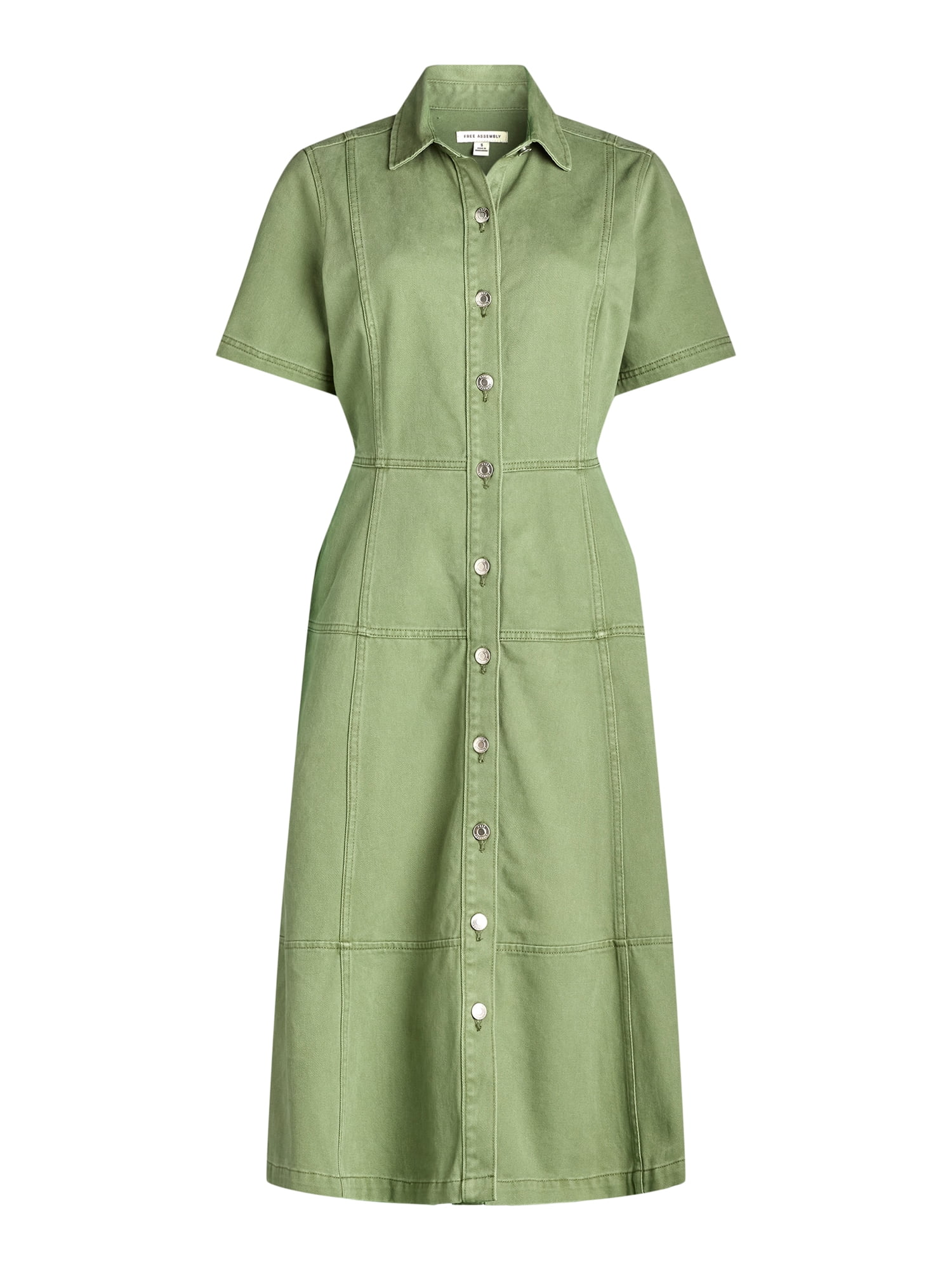 Free Assembly Women's Button Front Cotton Midi Dress with Short Sleeves, XS-XXL