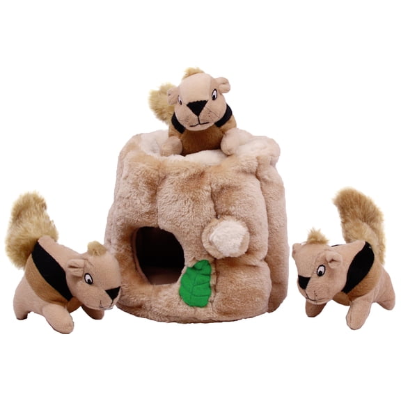 Outward Hound Hide-A-Squirrel Dog Toy – Interactive 2‑in‑1 Plush Puzzle with 3 Squeaky Removable Squirrels, Medium