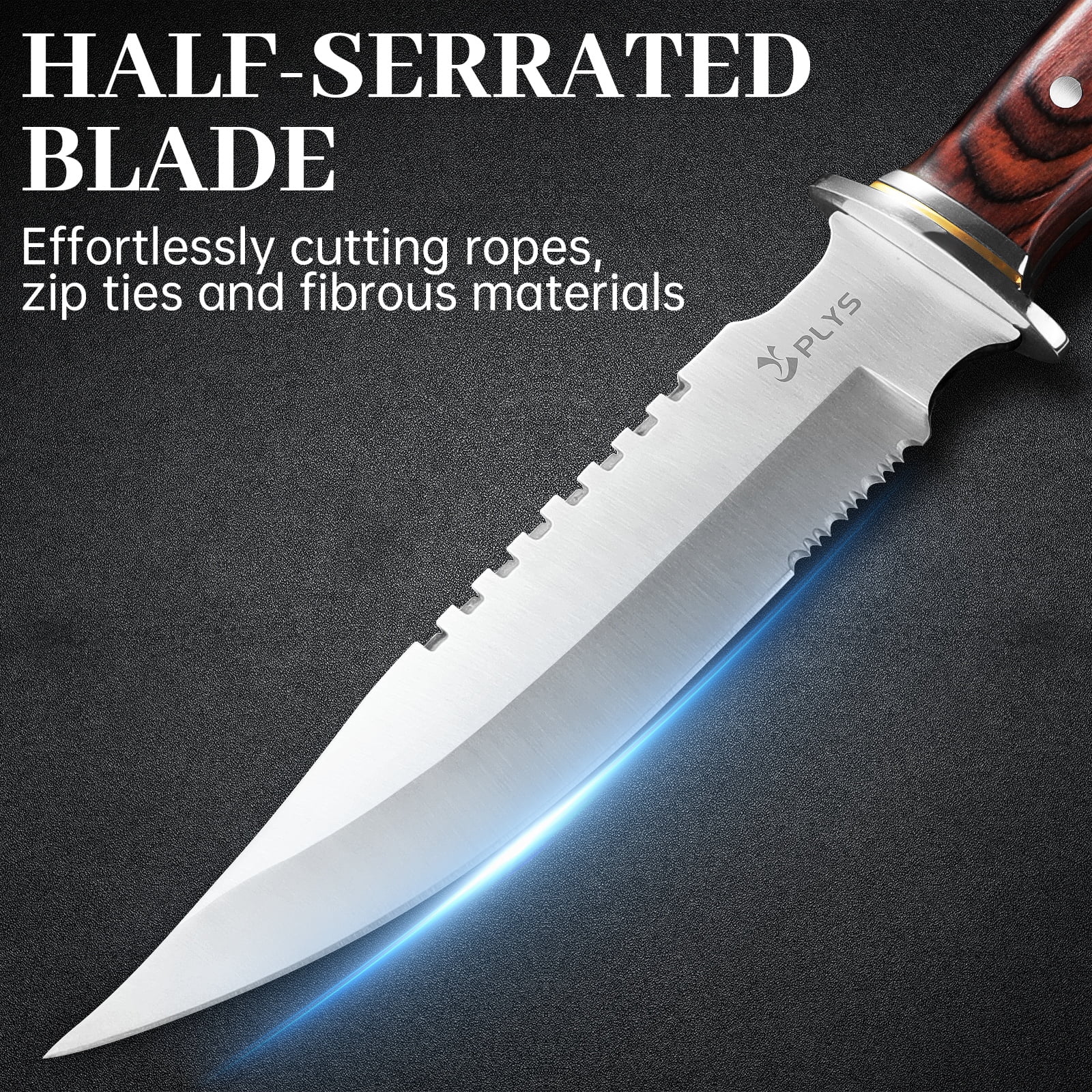 Plys Tactical Knife 6.2 inch Full Tang with Sheath: Fixed Blade Hunting Survival Knives for Men Camping Bushcraft, Wood Handle