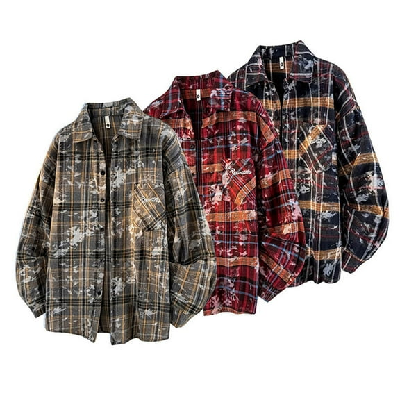 UVEASISHA Plaid Shirt Men Big and Tall Casual Button Down Shirts Vintage Tie Dye Print Long Sleeve Shirt Regular Fit Lightweight Shacket Jacket with Pocket Blue 5XL