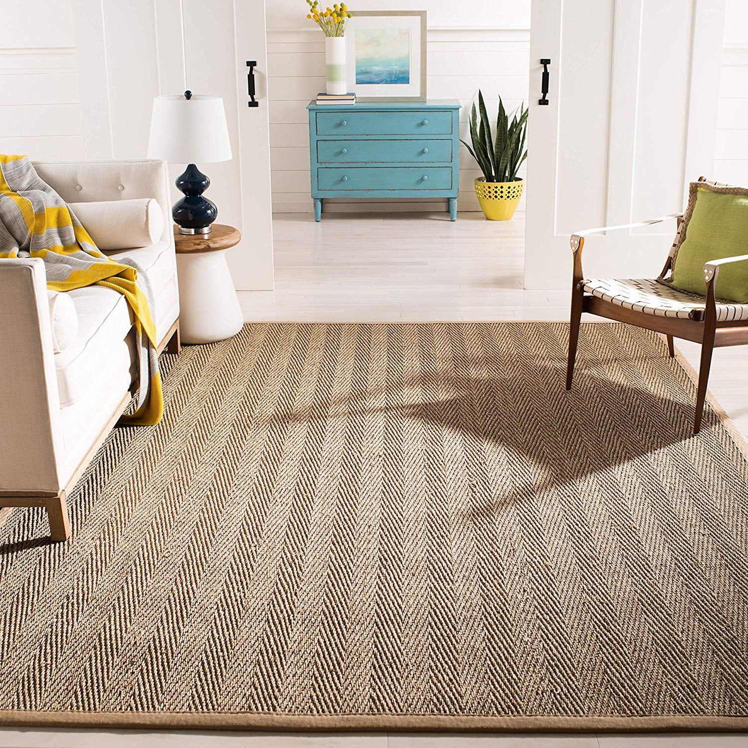 Safavieh Natural Fiber Collection NF115A Herringbone Natural and Beige Seagrass Square Area Rug