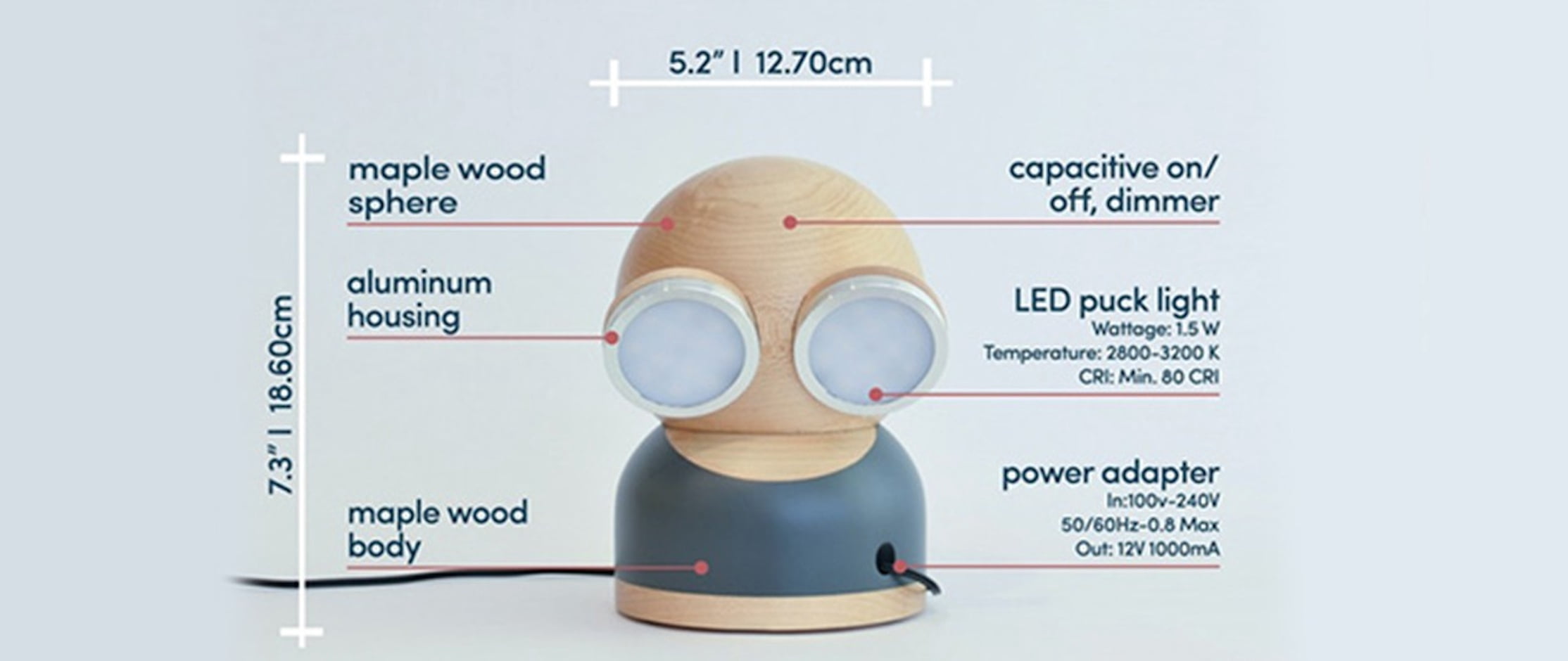 DesignNest Goggle Lamp Mr Watt Portable LED Real Wood Desk Lamp, Touch Control, 360° Rotating Table Lamp USB-C Rechargeable Full Range Dimming Home Bedroom Office Gift