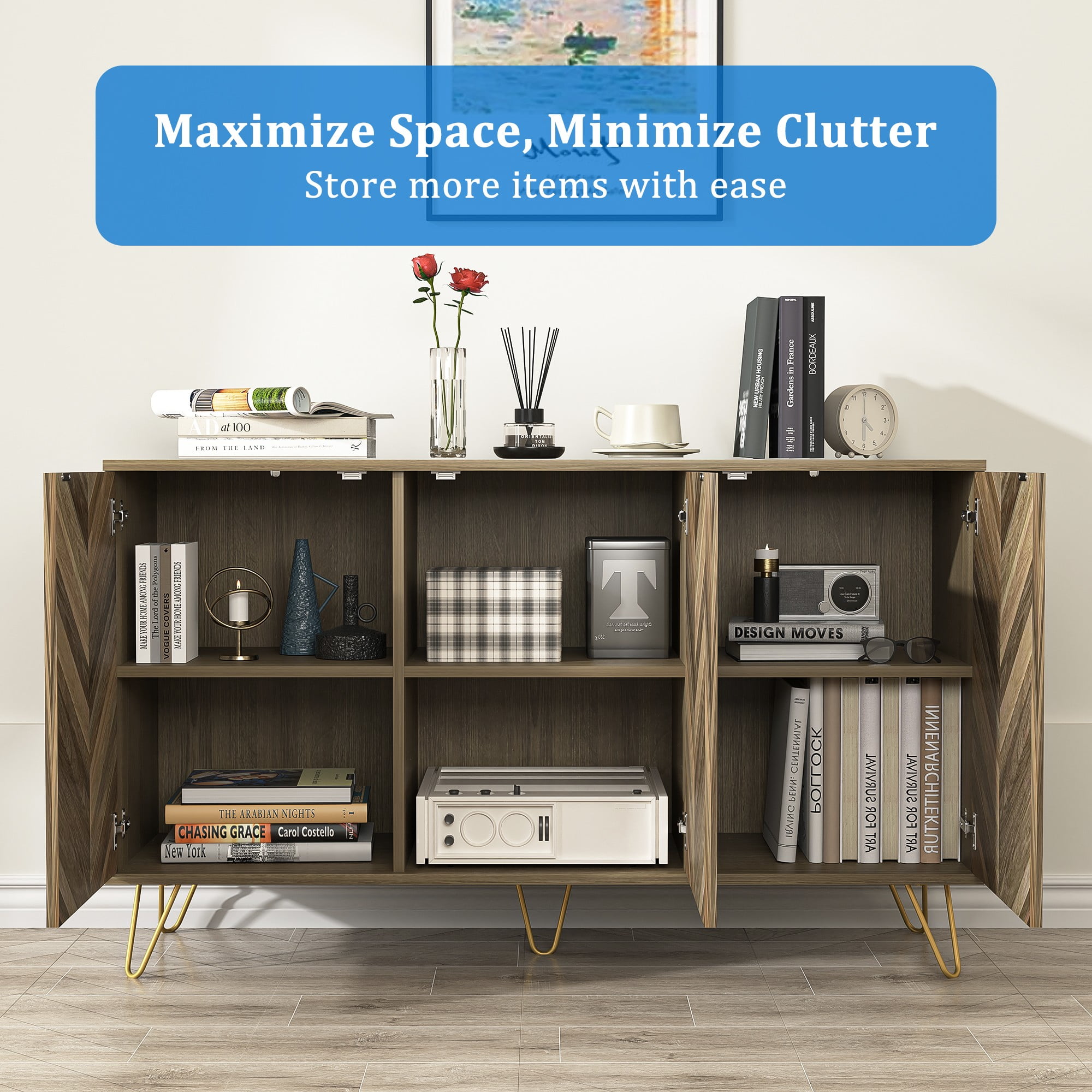Finihen Storage Cabinet, Buffet Cabinet with Adjustable Shelf and Doors, Sideboard with Storage, Accent Cabinet for Living Room, Entryway, Brown