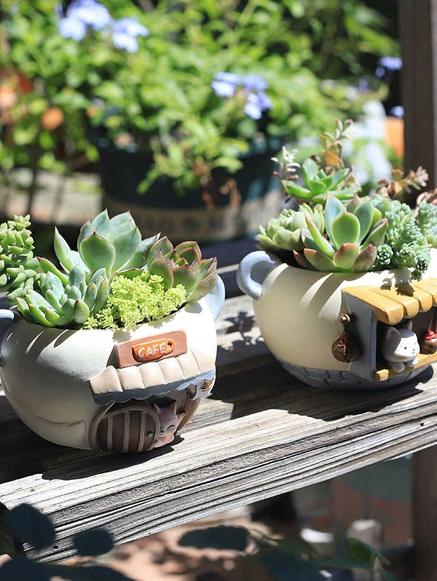 1pc Creative Cartoon Cute Pet Shaped Resin Flower Pot, Mini Landscape Gardening Planter For Office And Balcony Decoration