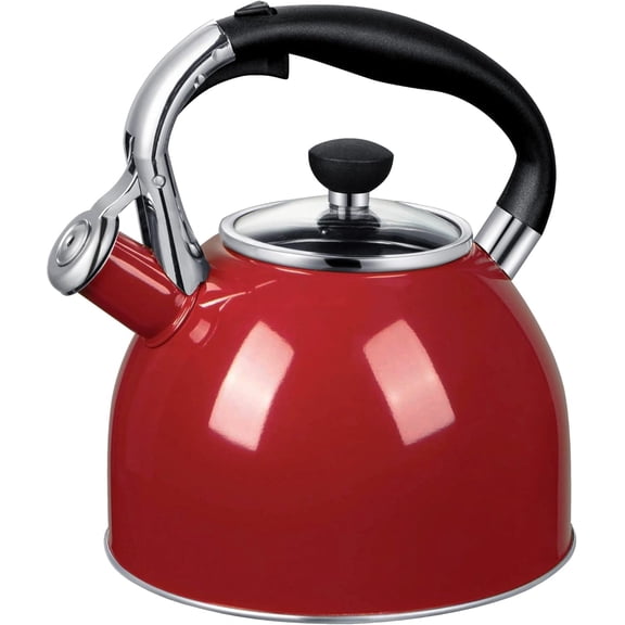 Rorence Whistling Tea Kettle 2.5 Quart Stainless Steel Tea Pot for Stove Top with Capsule Bottom and Heat-Resistant Glass Lid, Red