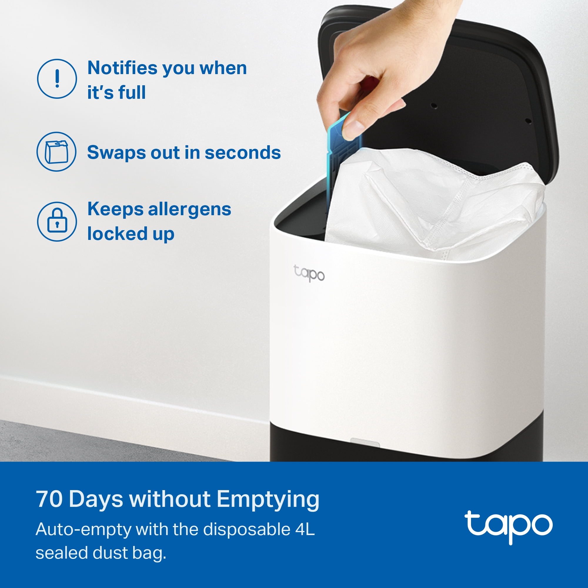 TP-Link Tapo Ultra-Slim Robot Vacuum, 3.07-inch Height, 2000Pa Hyper Suction, 4L Smart Auto-Empty Dock, Self-Charging, Customizable Room Cleaning, Quick Mapping, RV20 Plus