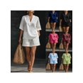 thumbnail image 2 of Two Piece Linen Short Sets for Women Short Sleeve V Neck Shirt Top and Shorts Casual Summer Travel Vacation Outfits Loose Short Sleeve, 2 of 4