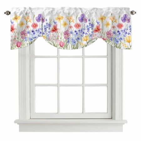 Vintage Floral Tie Up Valance for Windows Watercolor Colorful Rustic Wild Flowers Plant Adjustable Rod Pocket Tie Up Valance Curtains Window Treatment for Kitchen Bathroom Bedroom 54 X 18 Inch
