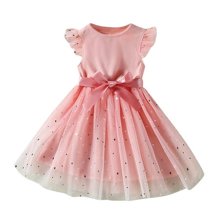 

gvdentm Girls Easter Dress Toddler Girl s Polka Dots Mesh Flounce Long Sleeve Flared Shirred Dress Pink 4-5 Years