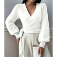 thumbnail image 4 of Women'S Casual V Neck Wrap Sweater Pullover Long Sleeve Slim Fit Knit Crop Top Sweater White M, 4 of 9