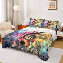 Homewish Cartoon Watercolor Graffiti Queen Sheet Sets, Musical Note Music Flat Sheet, Teens Kids Boys Girls Queen Fitted Sheet, Microfiber Bedroom Decor, 4-Piece