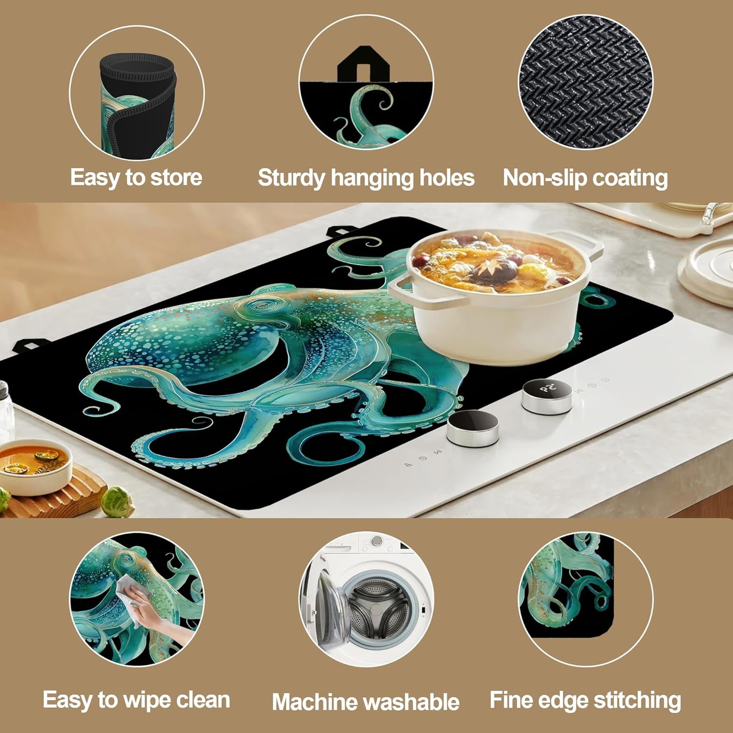 Stove Top Covers for Electric Stove,Funny Octopus Stove Top Protector Thick Rubber Dish Drying Mat for Kitchen Cooking Ceramic Countertop 28.5“ x 20.5“