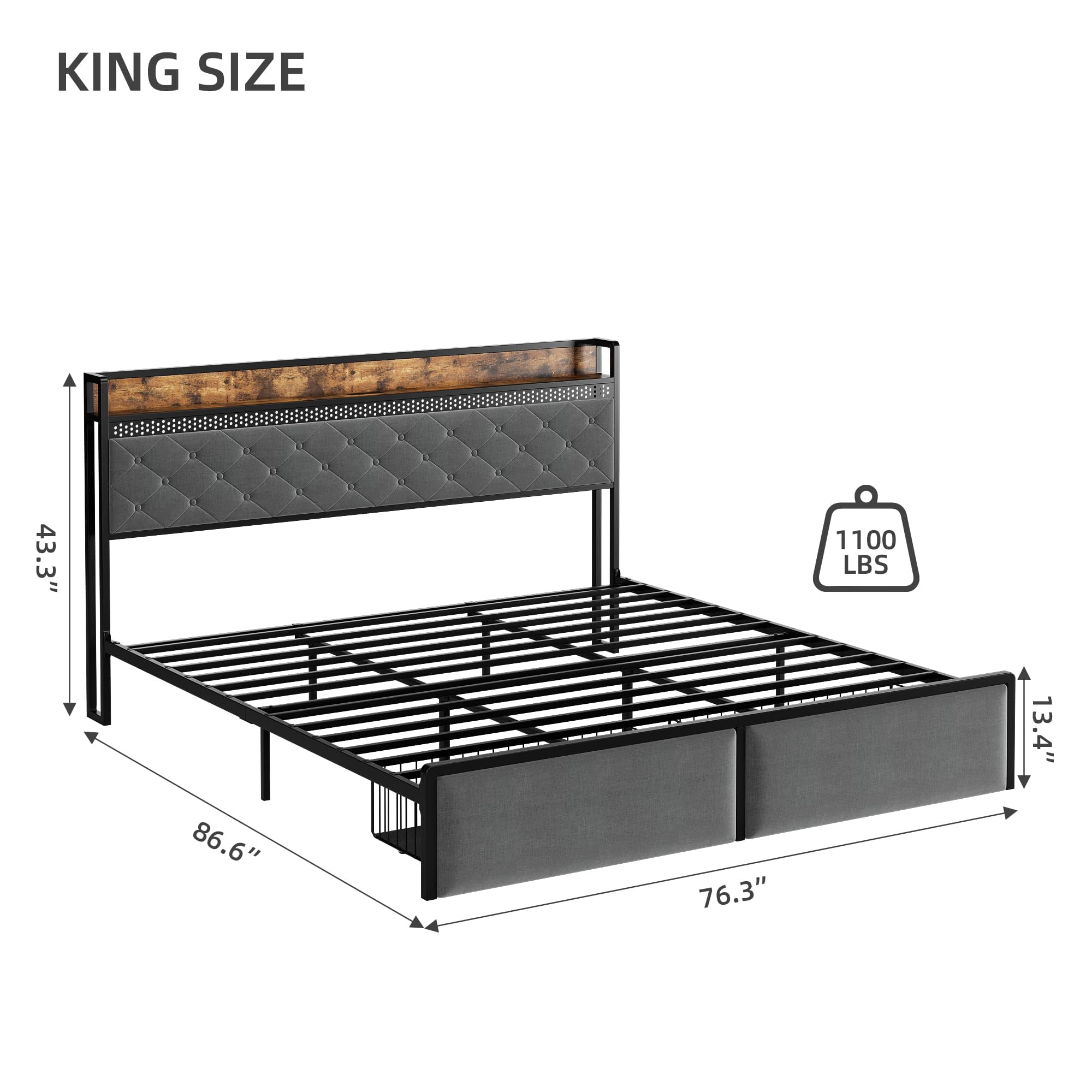 TROPOW King Size Bed Frame,Upholstered Platform Bed Frame with Storage Headboard and Charging Station, Metal Bed Frame with LED Lights and 2 Drawers, Noise Free, No Box Needed, Gray