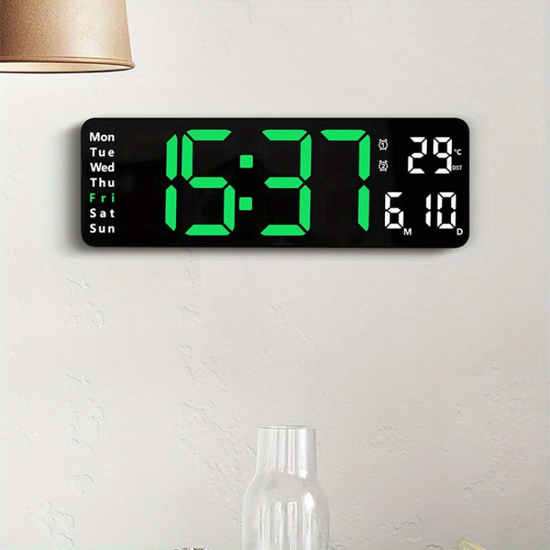 16" Large Digital Wall Clock Alarm, Big LED,  Auto DST, Temperature for Living Room Bedroom Desk Mount, Birthday Gift for Aged Elderly Mother Father