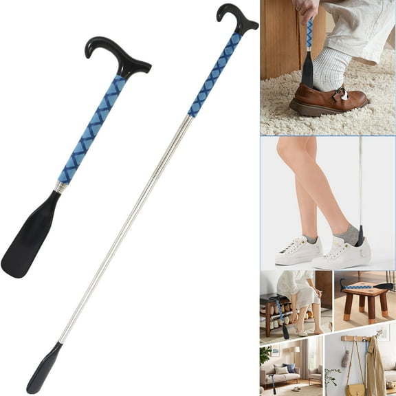 Baokaler Telescopic Metal Shoe Horn Long Handle, Adjustable Length Dressing Aid, Blue, 14-34 inches