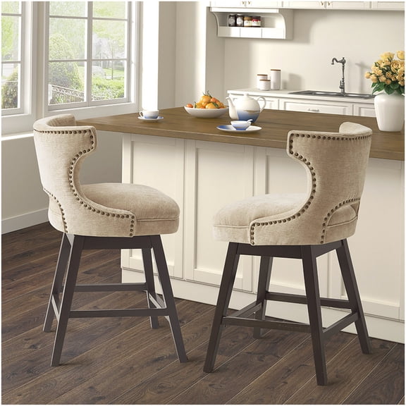 Transitional Style Swivel Bar Stool with Nailhead Trim, Beige Fabric and Dark Wood