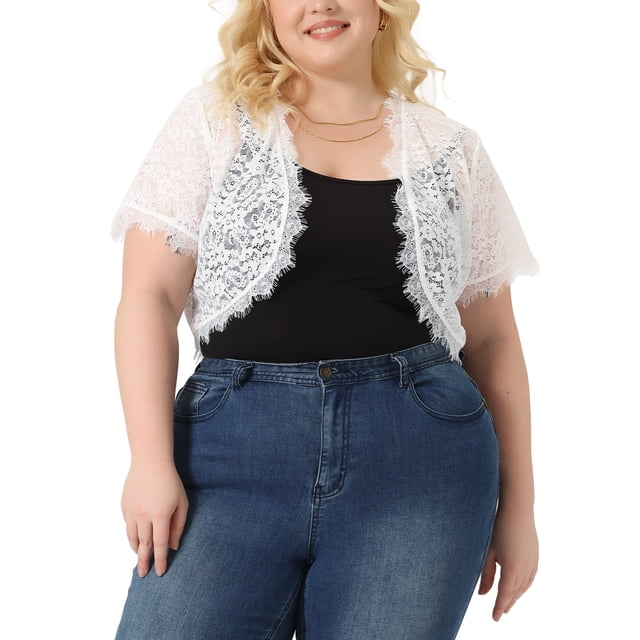 GRACE & GRANDEUR Talla Grande Elegante de Manga Corta Sheer Floral Encaje Bolero Shrug Top 3X Blanco Claro