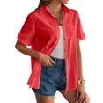 thumbnail image 2 of Women'S Cotton Button Shirt Rolled Hem Short Sleeve Shirt Women'S Summer Casual V Neck Beach Cotton Top Orange Color XL, 2 of 8