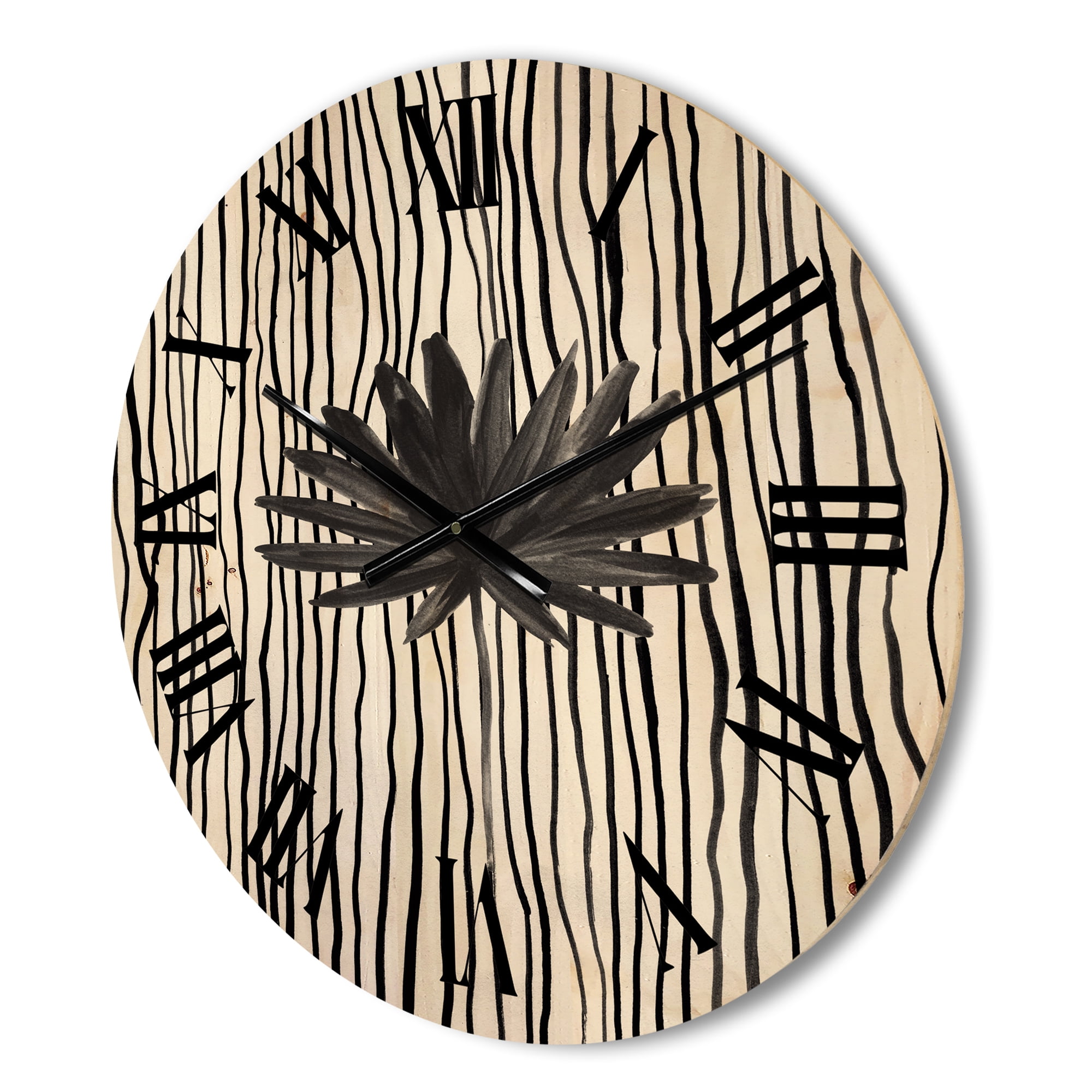 Designart 'Black and White Striped Under Tropical Leaf III' Modern Wood Wall Clock