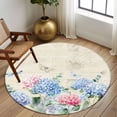 thumbnail image 2 of Round Area Rugs Collection 5 Ft, Blue Hydrangea Non-Slip Residential Carpet, Pink Flowers Spring Botanical Country Plants Indoor Crawling Mats Runner Rugs for Living Room/Dining Room/Bedroom, 2 of 8