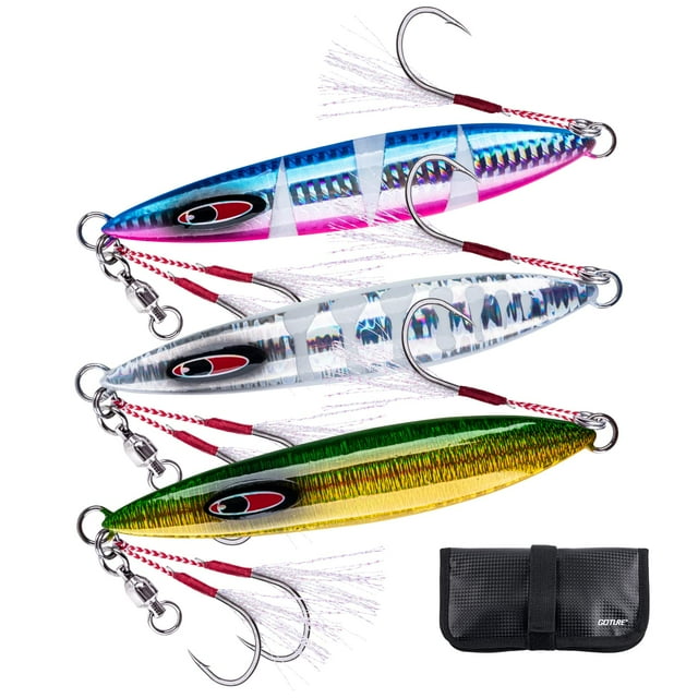 Goture Glow Slow Pitch Jigs with Portable Jig Bag, Double Assist Hook Fishing Jig Lead Saltwater