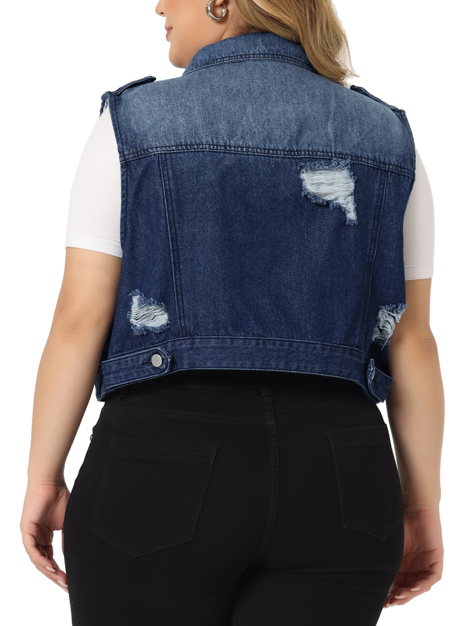 Unique Bargains Women's Plus Size Denim Sleeveless Chest Pockets Vests Jacket 2X Dark Blue