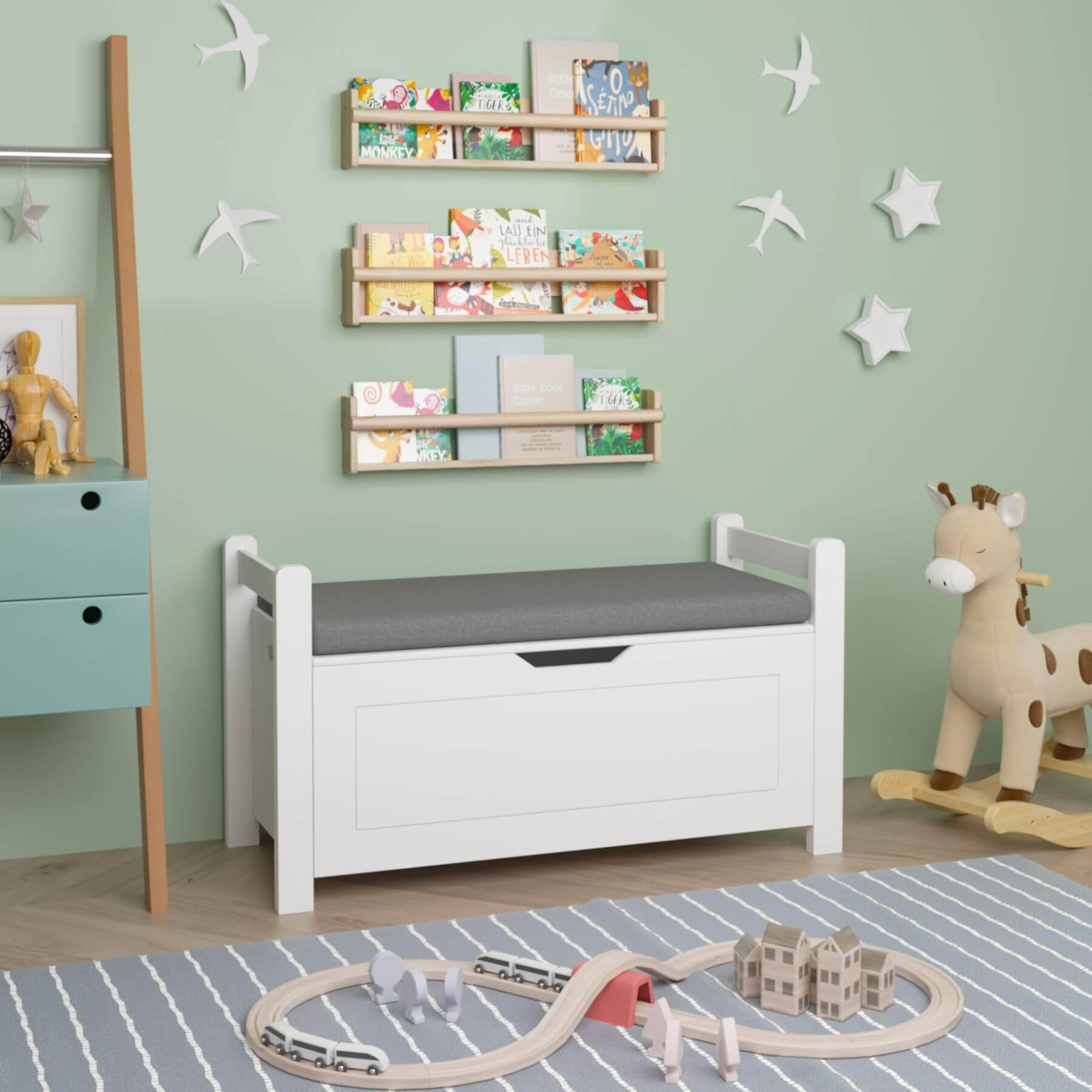 MOONRIVER Kids Toy Box Chest, White Storage Cabinet with Cushion Seat Bench