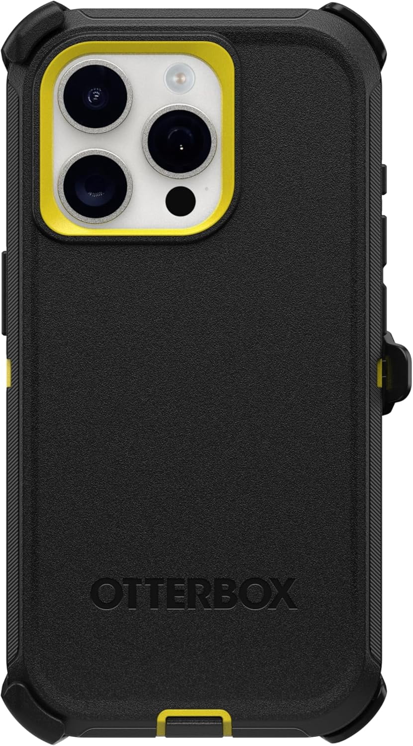 OtterBox iPhone 15 Pro (Only) - Defender Series Case - Night (Black & Yellow) - Screenless - Rugged & Durable - with Port Protection - Holster Clip Includes - Non-Retail Packaging