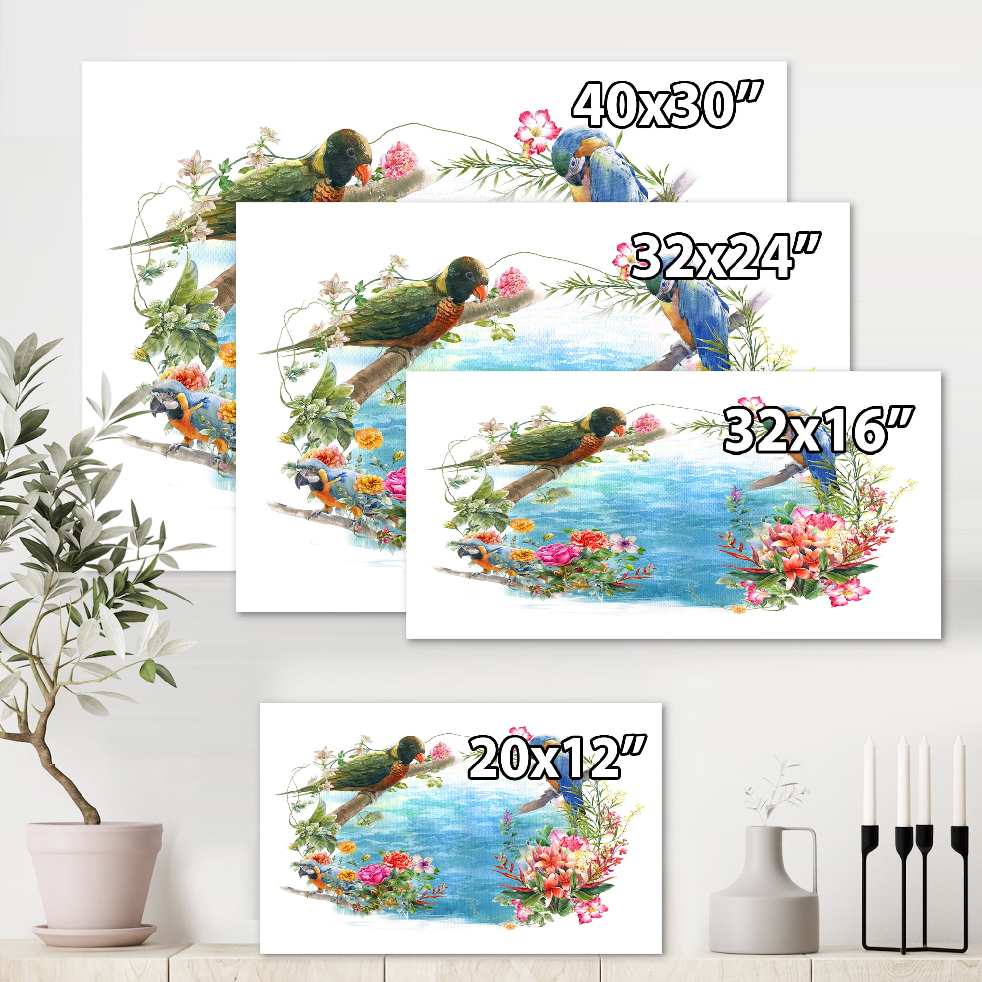 Parrots and Flowers By The Blue Waterside 12 in x 8 in Painting Canvas Art Print, by Designart