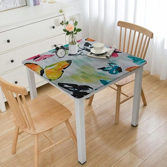 HAOXIT Spring Vinyl Flannel Backed Tablecloth, Square, Pastel Butterfly Vinyl Tablecloth with Flannel Backing 36*36