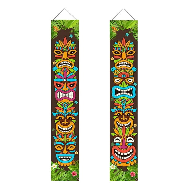 2 piezas de decoración hawaiana Tiki, pancarta tropical para porche, pancarta de banderas de carnaval, poliéster