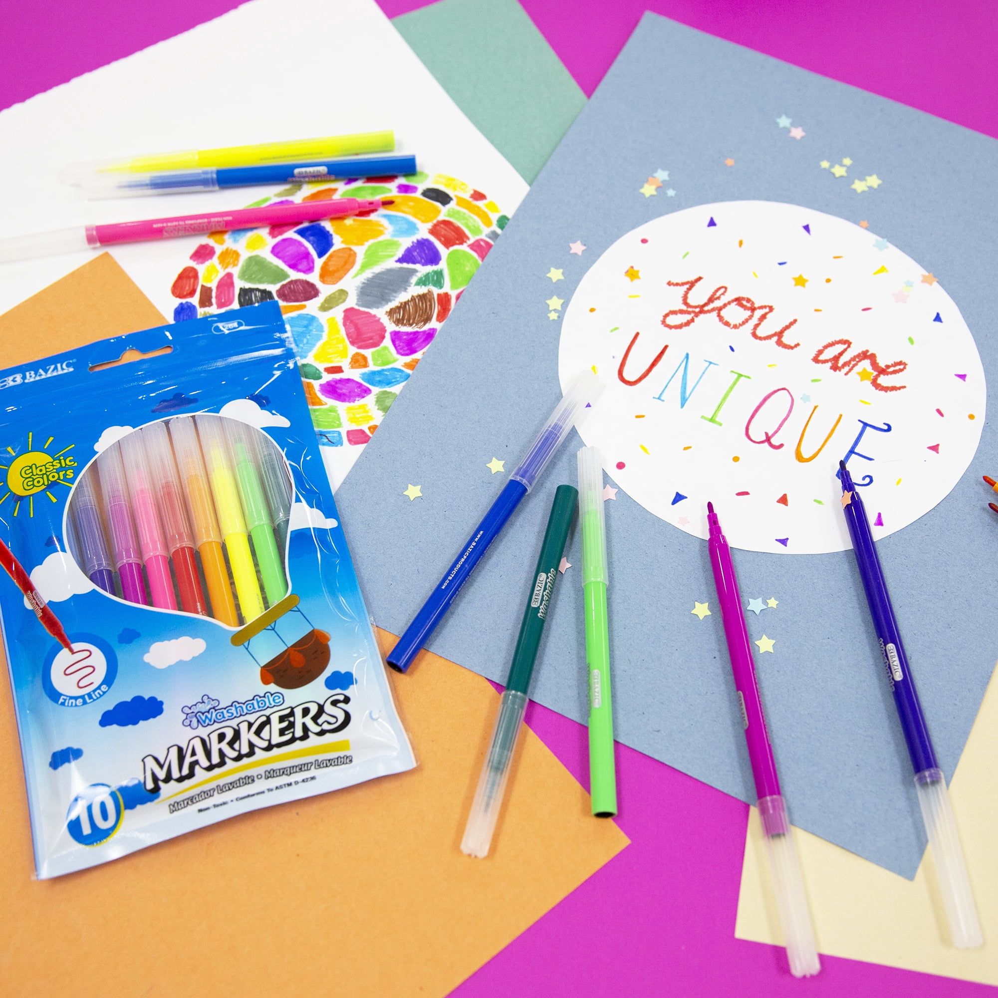 BAZIC Fine Line 10 Colors Washable Coloring Markers (10/Pack), 24-Pack