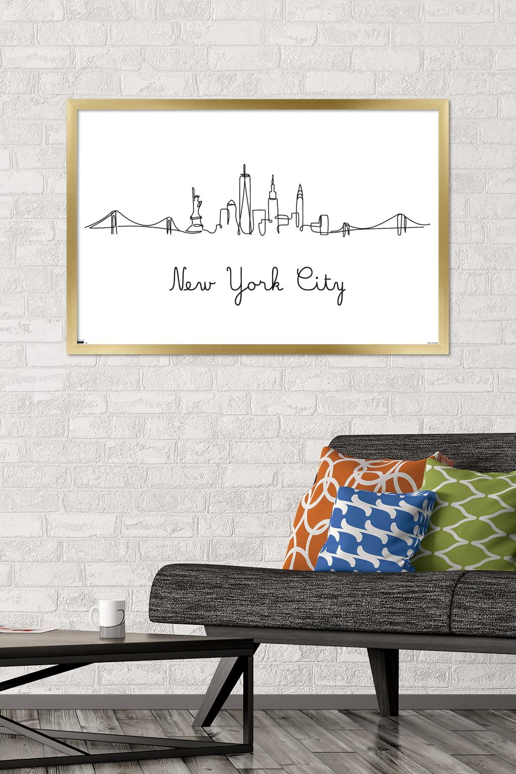 Line Art Skyline - New York City Wall Poster, 22.375" x 34", Framed