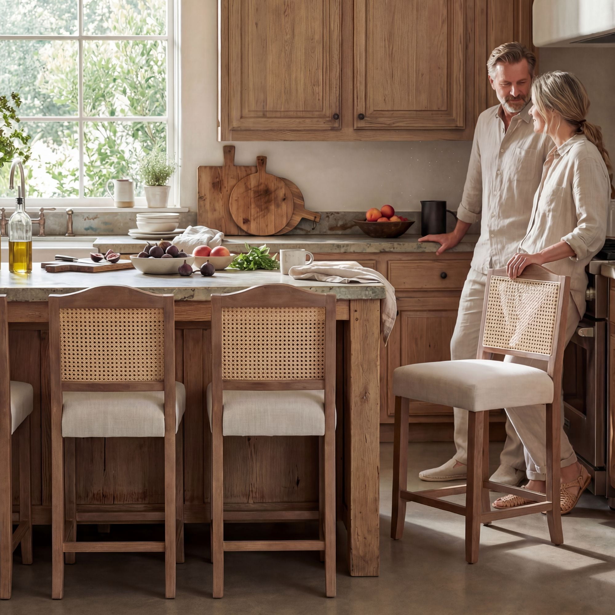 Dayalane Counter Height Bar Stools Set of 2, 26" Farmhouse Wooden Barstools with Rattan Back, Mid Century Modern Linen Upholstered Breakfast Bar Stool Chairs for Bar Kitchen Island Bistro, Beige