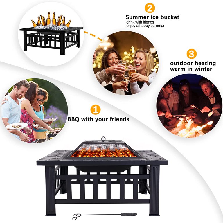 MyGarden Square Outdoor Fire Pit Table - Portable BBQ & Heater, 45x45x34cm, Black