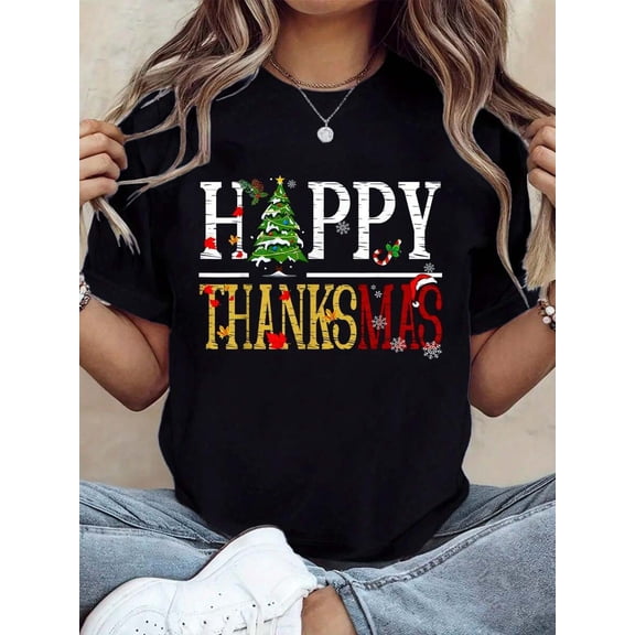 Funny Thanksgiving Christmas Happy Thanksmas 2024 T-Shirt, Autumn Tops For Women