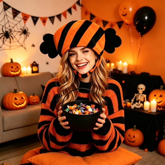 Halloween Striped Plush Candy Hat With Pompom Decor Soft Fancy Dress Accessory For Holiday Party Cosplay