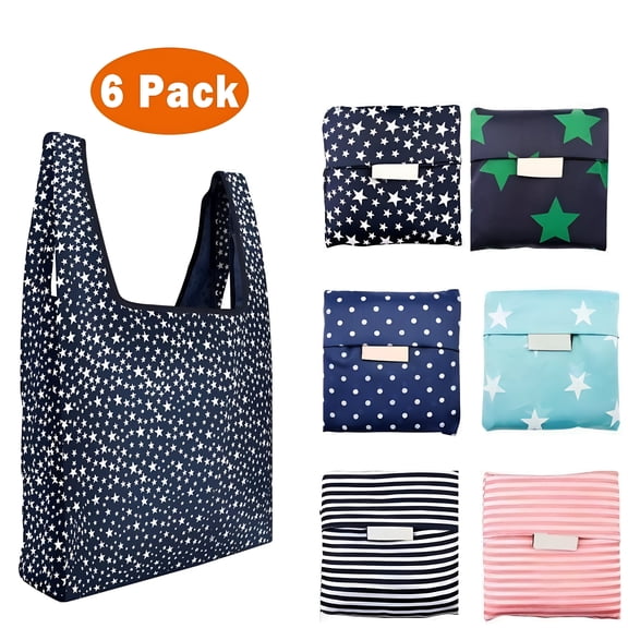 GASTROPOD 6 Pack Reusable Grocery Bags Eco Friendly Tote Shop Bag With Pocket Large Multi Colored Reinforced Bottom Fabric Ripstop Foldable Bag For Shopping Beach Gym, Office Supplies