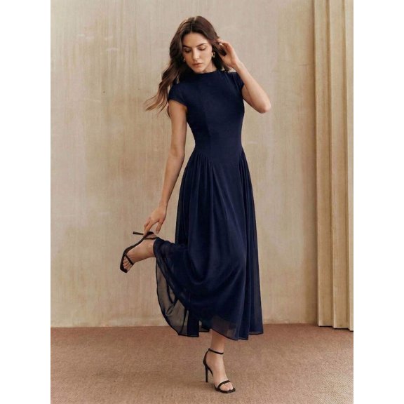 Blue Womens Elegant High Neck Cap Sleeve A-Line Pleated Midi Dress