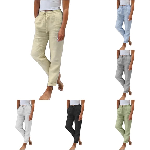 QTSHPN Women Pants Summer Elastic High Waist Solid Color Linen Loose Fit Comfortable Fashion Breathable Casual Wide Leg Athletic Pants for Women Khaki XL
