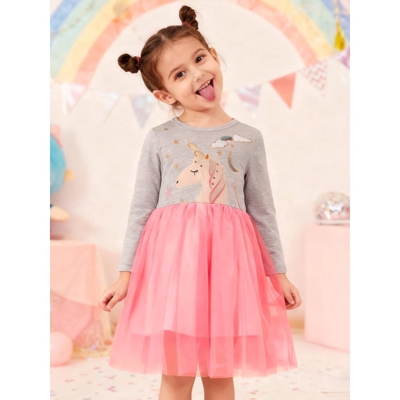 HILEELANG toddle Girls Long sleeved Dresses Christmas Casual Winter Cotton Casual Cute Party Cartoon Animal Unicorn Pattern Dress 2Y