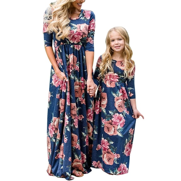 Inevnen Mommy and Me Matching Maxi Long Dresses Sleeveless Bohemia Floral Dress with Pockets