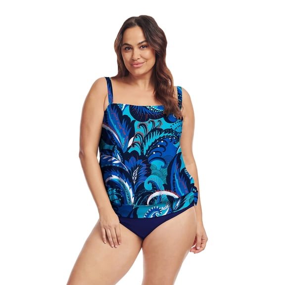 Plus Size Draped Blouson Tankini Top in Colorblock Paisley Blue