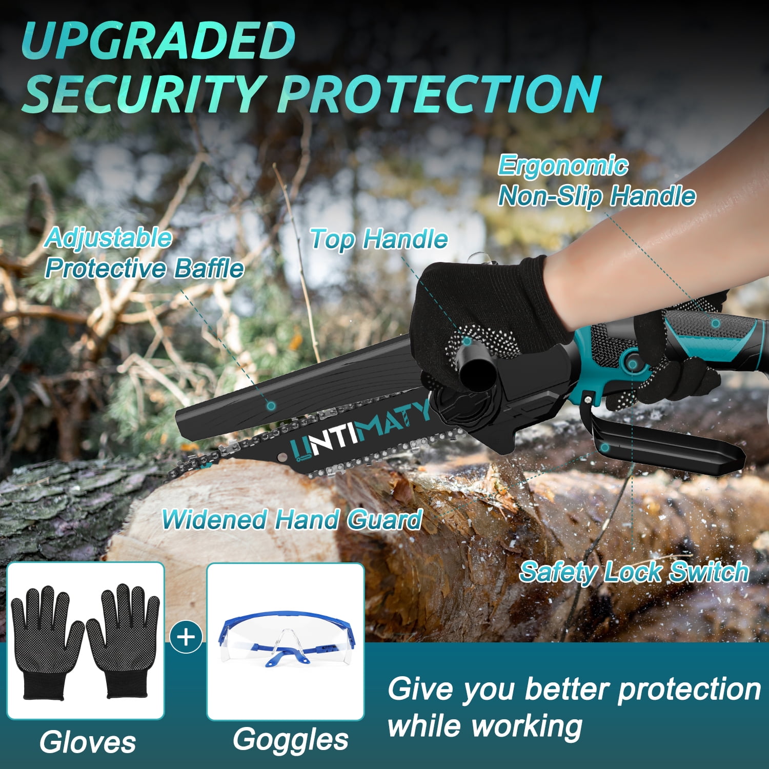 UNTIMATY Mini Cordless Chainsaw 6 inch Small Electric Chainsaw Battery Powered Hand Held Pruning Chainsaw for Wood Cutting and Tree Trimming, Blue